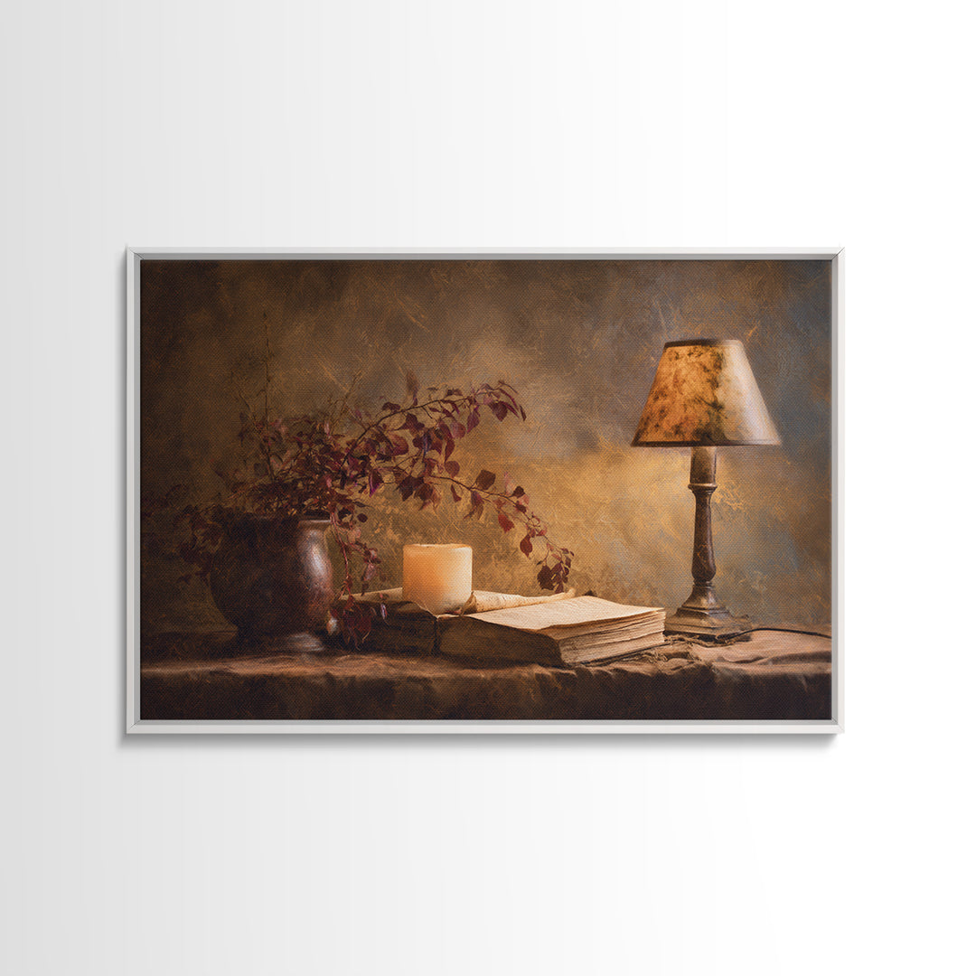 Warm Reading Lamp and Small Plant Still Framed Canvas Print, Library Art, Dark Academia Art, Library Decor, Abstract Art, LIB-3x2-25