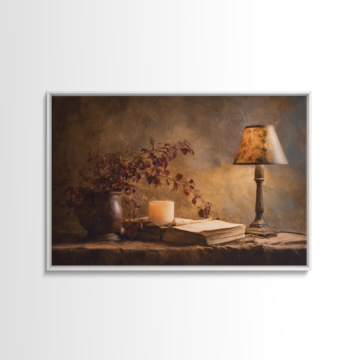 Warm Reading Lamp and Small Plant Still Framed Canvas Print, Library Art, Dark Academia Art, Library Decor, Abstract Art, LIB-3x2-25