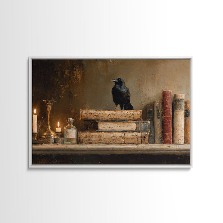 Black Raven Perched on Closed Book Framed Canvas Print, Library Art, Book Art, Library Decor, Oil Painting, Archive, LIB-3x2-50