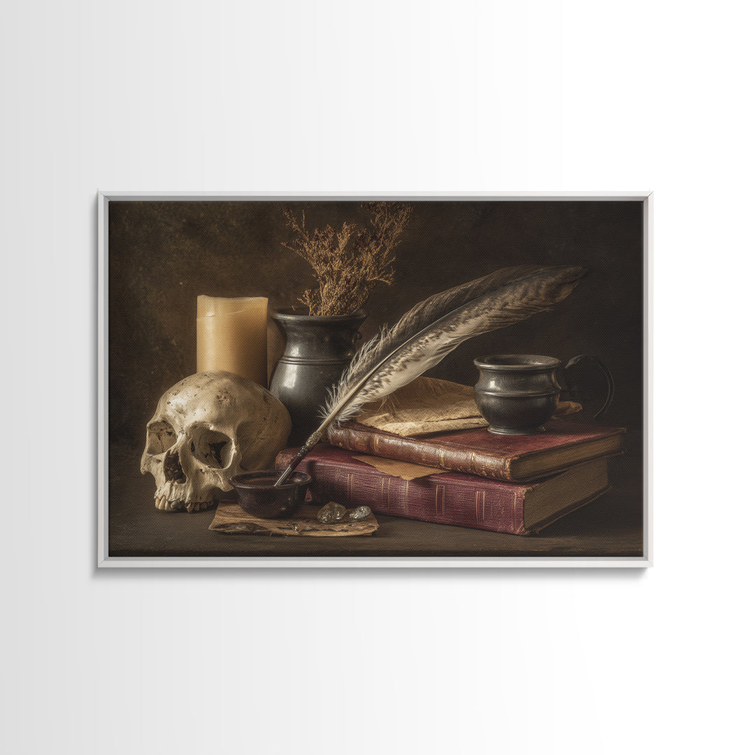 Dark Academia Skull Book and Quill Still Canvas Print, Library Art, Gothic Wall Decor, Library Decor, Fine Art, Archive, LIB-3x2-57