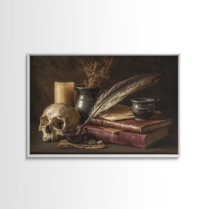 Dark Academia Skull Book and Quill Still Canvas Print, Library Art, Gothic Wall Decor, Library Decor, Fine Art, Archive, LIB-3x2-57