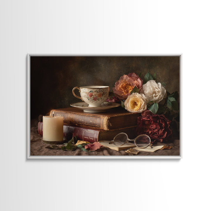 Teacup Beside a Novel and Roses Canvas Print, Library Art, Library Decor, Fine Art, Archive, Neutral Decor, Modern Decor, LIB-3x2-66