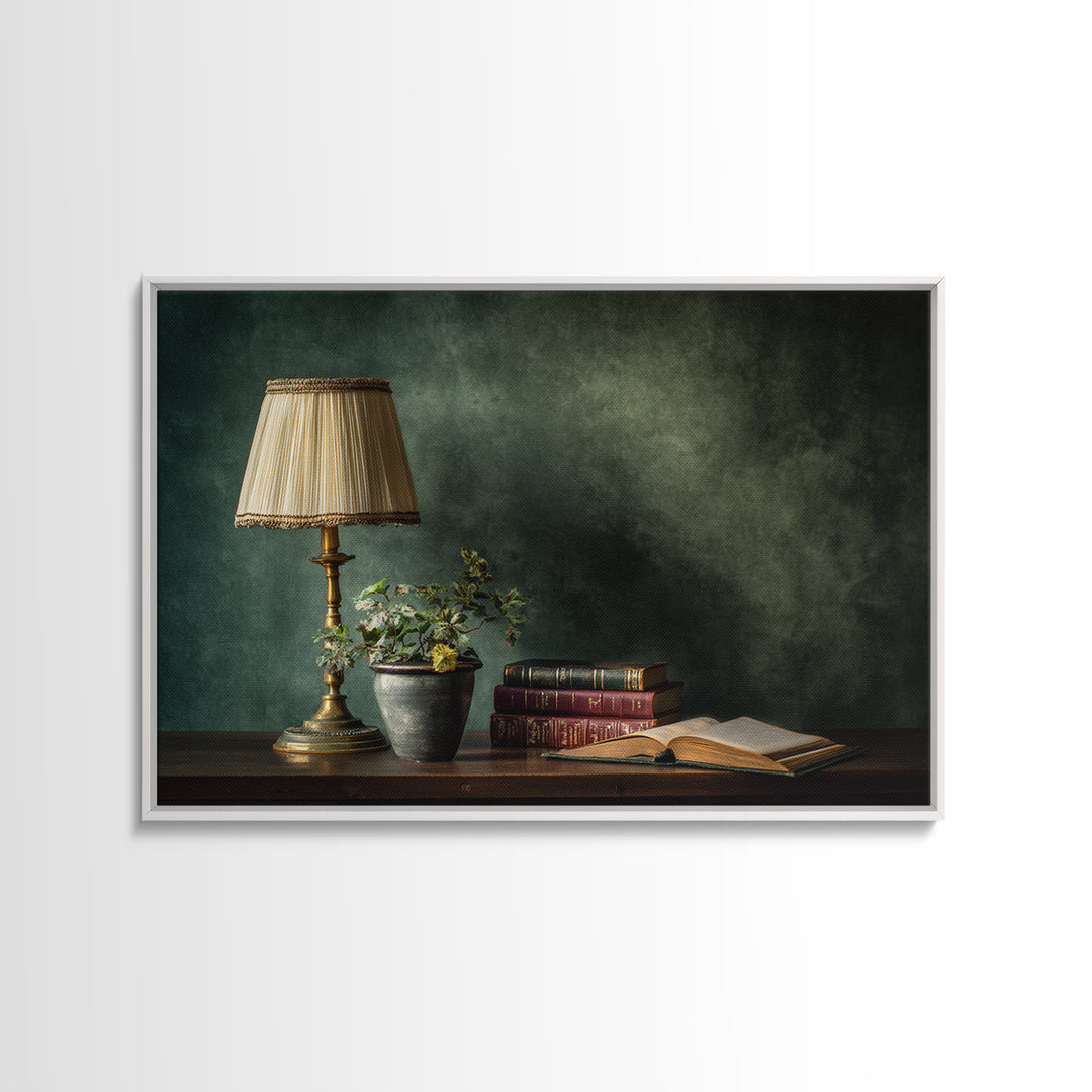 Warm Reading Lamp and Small Plant Still Canvas Print, Library Art, Neutral Decor, Library Decor, Fine Art, Archive, Home Decor, LIB-3x2-73