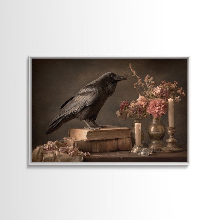 Black Raven Perched on Closed Book Framed Canvas Print, Library Art, Book Art, Library Decor, Oil Painting, Archive, LIB-3x2-74