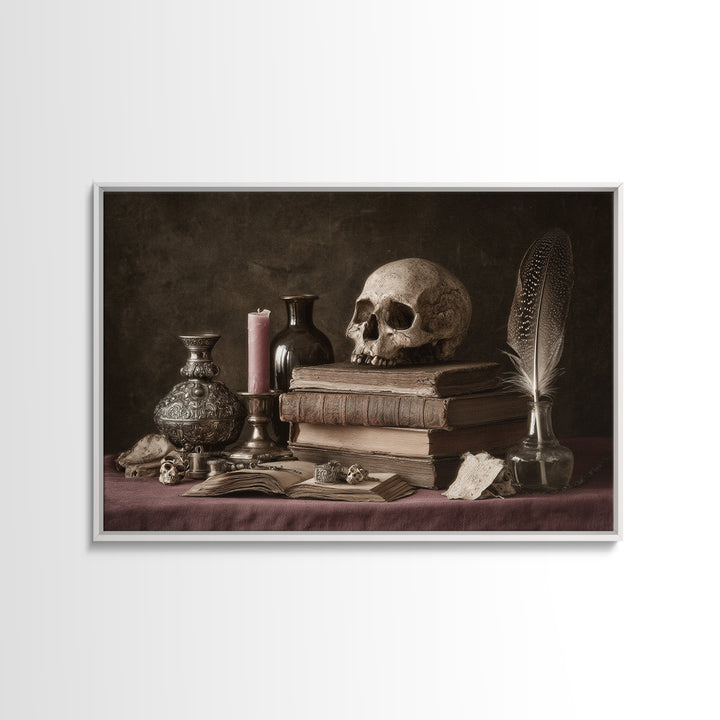 Dark Academia Skull Book and Quill Still Framed Canvas Print, Library Art, Fine Art Print, Library Decor, Fine Art, Archive, LIB-3x2-81