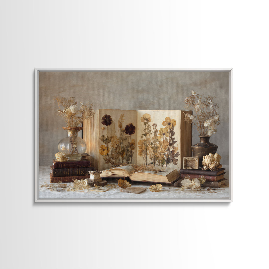 Botanical Pressed Flowers Inside Old Pages Framed Canvas Print, Library Art, Statement Artwork, Library Decor, Archive, LIB-3x2-85