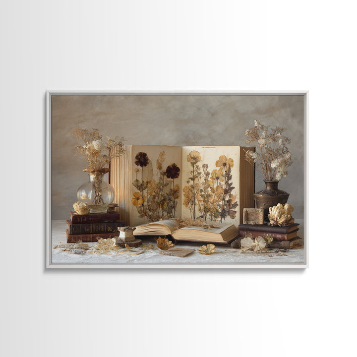 Botanical Pressed Flowers Inside Old Pages Framed Canvas Print, Library Art, Statement Artwork, Library Decor, Archive, LIB-3x2-85
