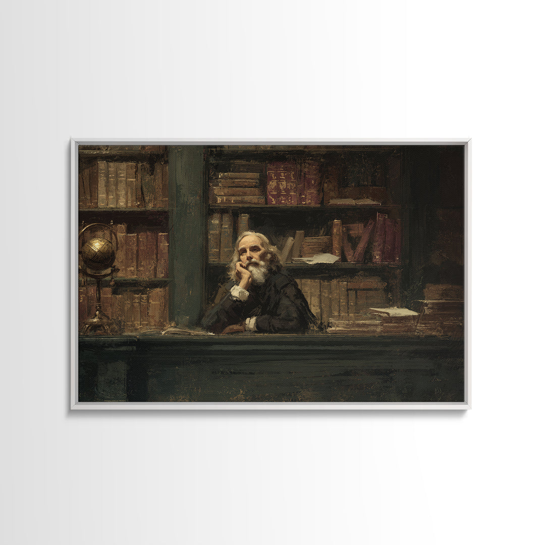 Classical Scholar Portrait Framed Canvas Print, Library Art, Halloween Wall Decor, Library Decor, Oil Painting, Archive, LIB-3x2-86