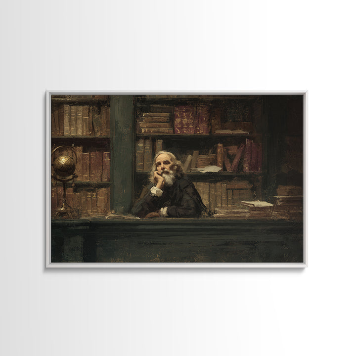 Classical Scholar Portrait Framed Canvas Print, Library Art, Halloween Wall Decor, Library Decor, Oil Painting, Archive, LIB-3x2-86