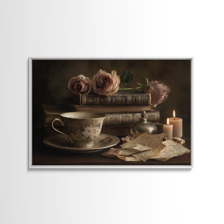 Teacup Beside a Novel and Roses Framed Canvas Print, Library Art, Black Cat Art, Library Decor, Fine Art, Archive, Luxury Decor, LIB-3x2-90