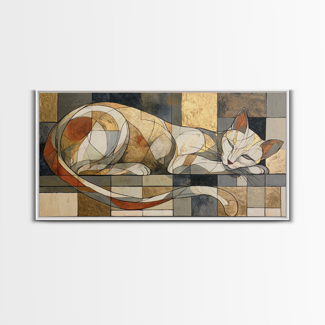 Monoline Cat Stretching Framed Canvas Print, Line Art, Digital Wall Art, Living Room Decor, Fine Art, Line, Minimalist Wall Art, LIN-2x1-50