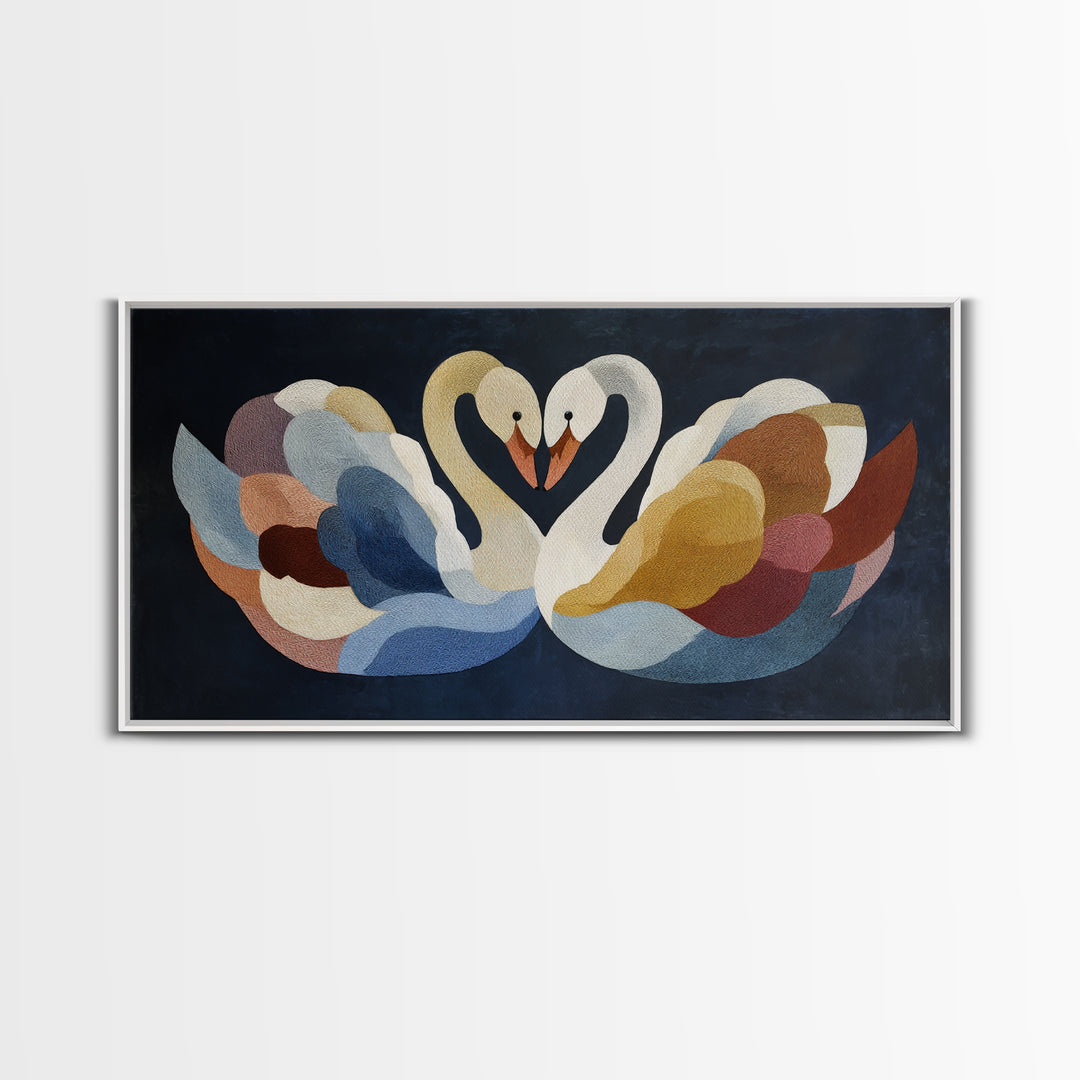 Two Swans Forming a Heart Shape Framed Canvas Print, Line Art, Digital Wall Art, Living Room Decor, Line, Minimalist Wall Art, LIN-2x1-60