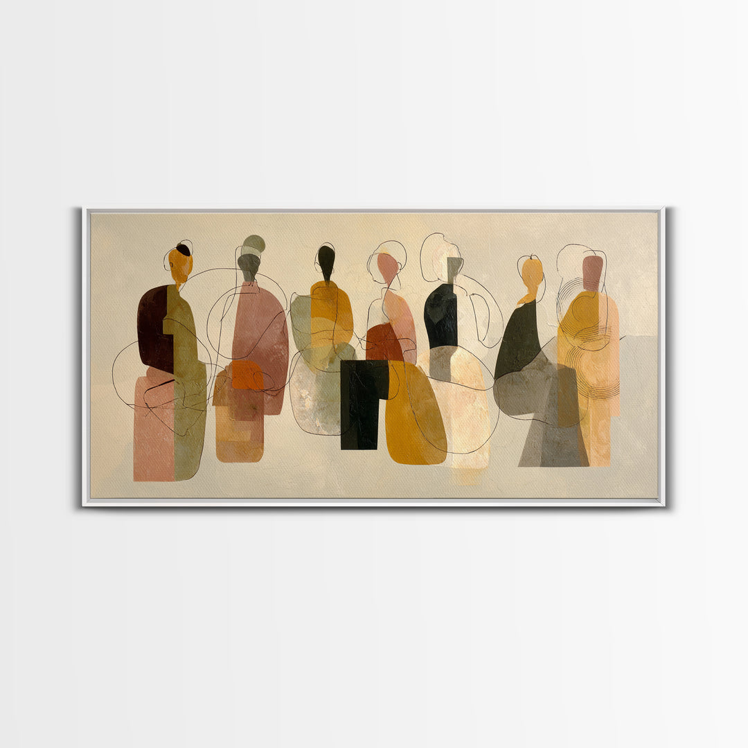 Abstract Family Figures Framed Canvas Print, Line Art, Boho Decor, Living Room Decor, Oil Painting, Line, Minimalist Art, LIN-2x1-92