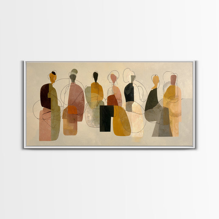 Abstract Family Figures Framed Canvas Print, Line Art, Boho Decor, Living Room Decor, Oil Painting, Line, Minimalist Art, LIN-2x1-92