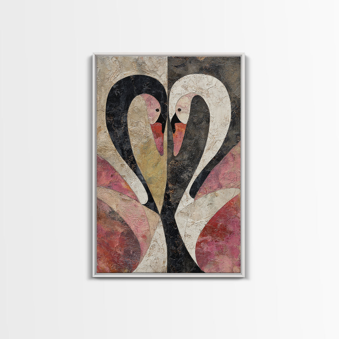 Two Swans Forming a Heart Shape Framed Canvas Print, Line Art, Contemporary Art, Living Room Decor, Abstract Art, Line, LIN-2x3-24