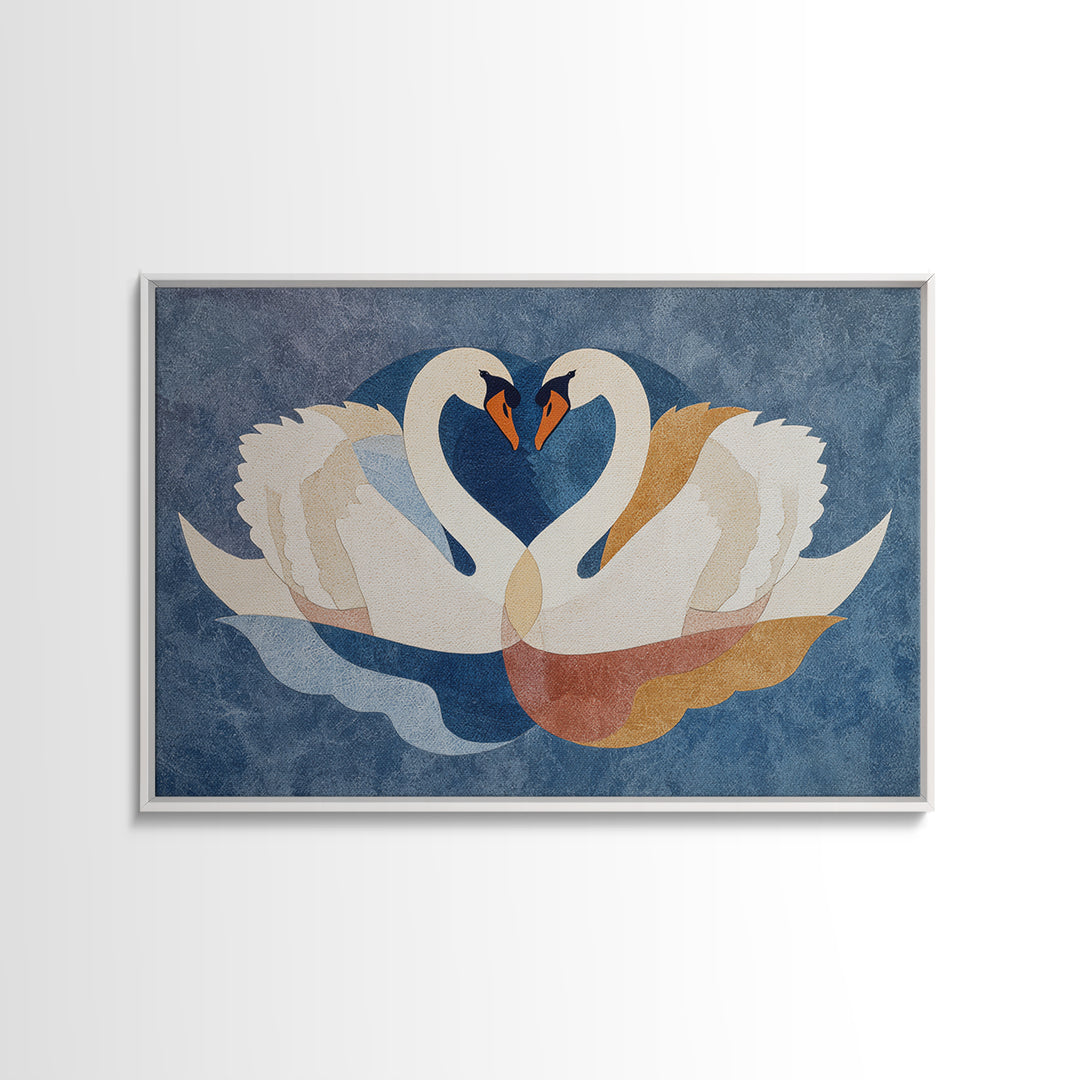 Two Swans Forming a Heart Shape Framed Canvas Print, Line Art, Boho Wall Decor, Living Room Decor, Abstract Art, Line, LIN-3x2-92