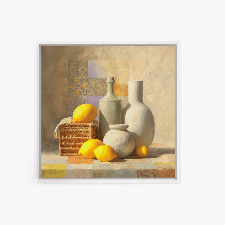 Warm Mediterranean Lemon Still Life Framed Canvas Print, Living Room Art, Dopamine Decor, Living Room Decor, Abstract Art, LIR-1x1-42