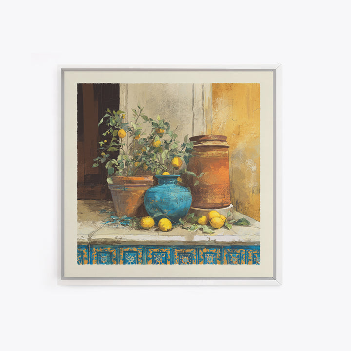 Warm Mediterranean Lemon Still Life Framed Canvas Print, Living Room Art, Dopamine Decor, Living Room Decor, Abstract Art, LIR-1x1-66
