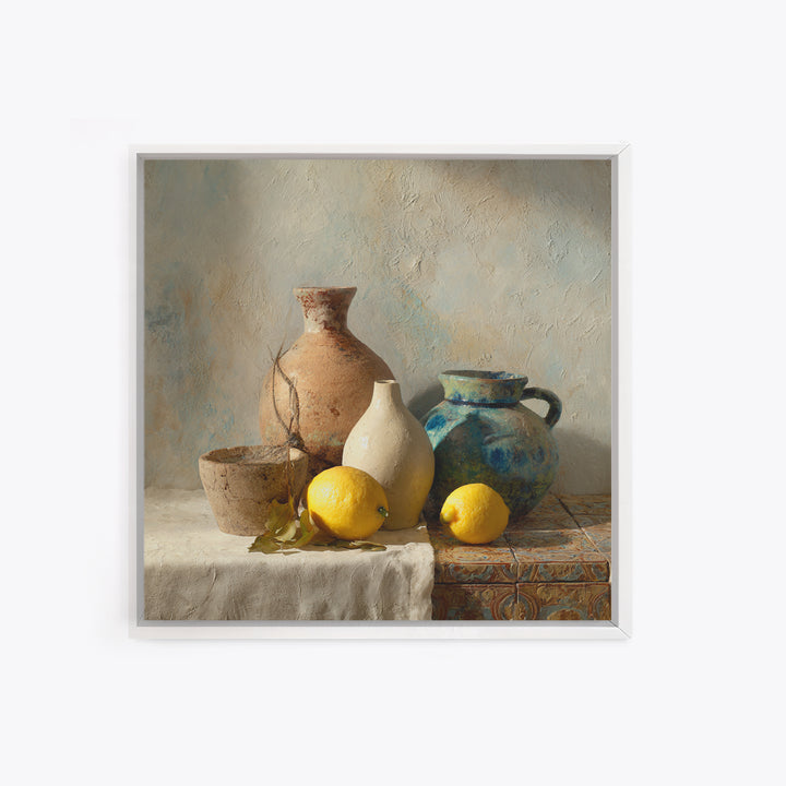 Warm Mediterranean Lemon Still Life Canvas Print, Living Room Art, Neutral Decor, Living Room Decor, Fine Art, Living, LIR-1x1-90