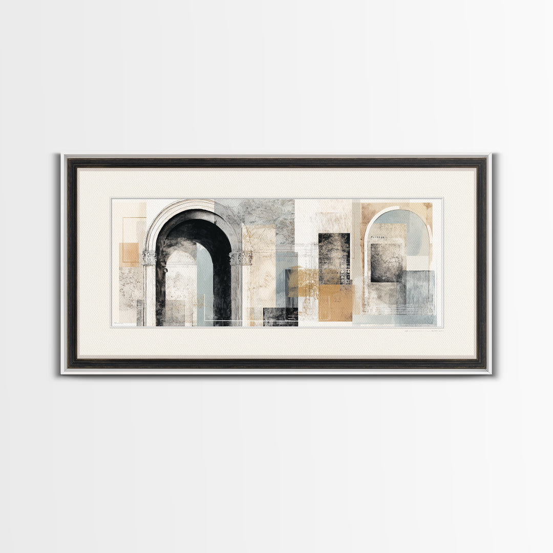 Black and White Architectural Arch Composition Framed Canvas Print, Living Room Art, Boho Decor, Living Room Decor, LIR-2x1-27