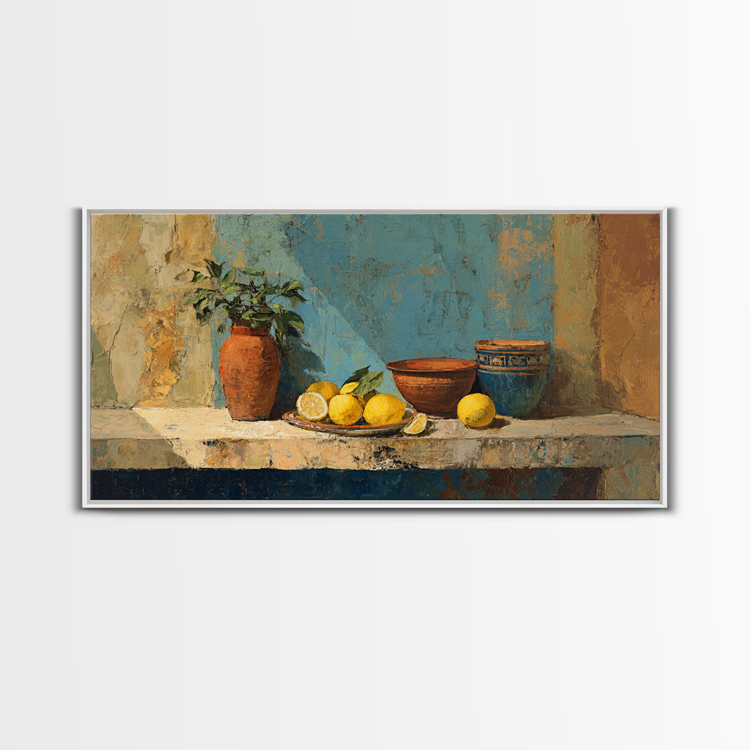 Warm Mediterranean Lemon Still Life Canvas Print, Living Room Art, Wall Art, Living Room Decor, Oil Painting, Living, LIR-2x1-62