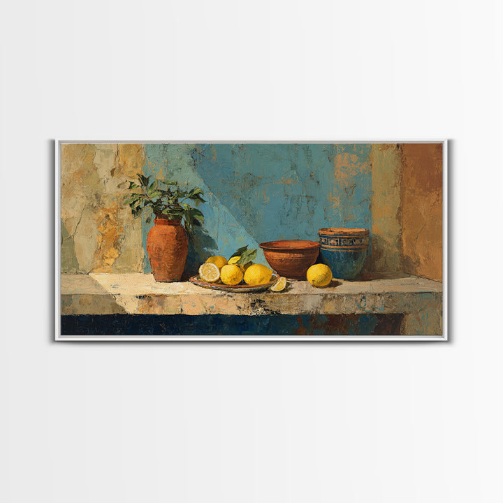 Warm Mediterranean Lemon Still Life Canvas Print, Living Room Art, Wall Art, Living Room Decor, Oil Painting, Living, LIR-2x1-62