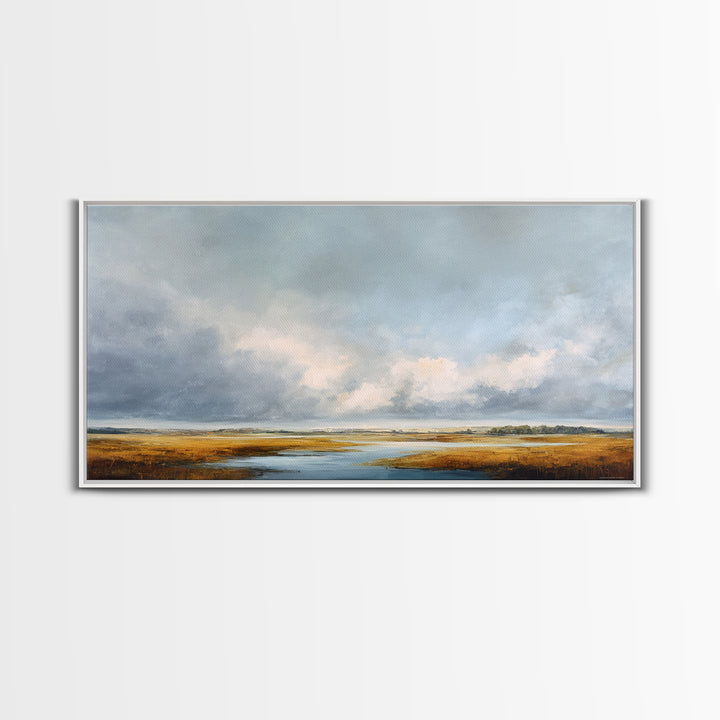 Modern Landscape with Expansive Calm Sky Framed Canvas Print, Living Room Art, Neutral Decor, Living Room Decor, Oil Painting, LIR-2x1-95