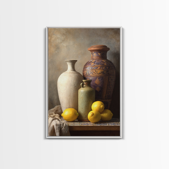 Warm Mediterranean Lemon Still Life Framed Canvas Print, Living Room Art, Living Room Decor, Watercolor Art, Living, LIR-2x3-74