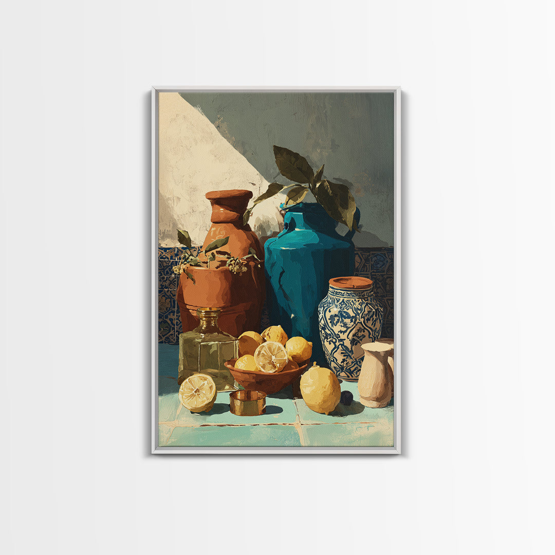 Warm Mediterranean Lemon Still Life Framed Canvas Print, Living Room Art, Living Room Decor, Watercolor Art, Living, LIR-2x3-98