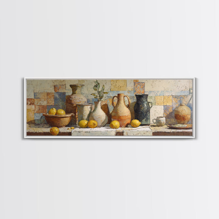 Warm Mediterranean Lemon Still Life Canvas Print, Living Room Art, Oil Painting, Living Room Decor, Abstract Art, Living, LIR-3x1-34