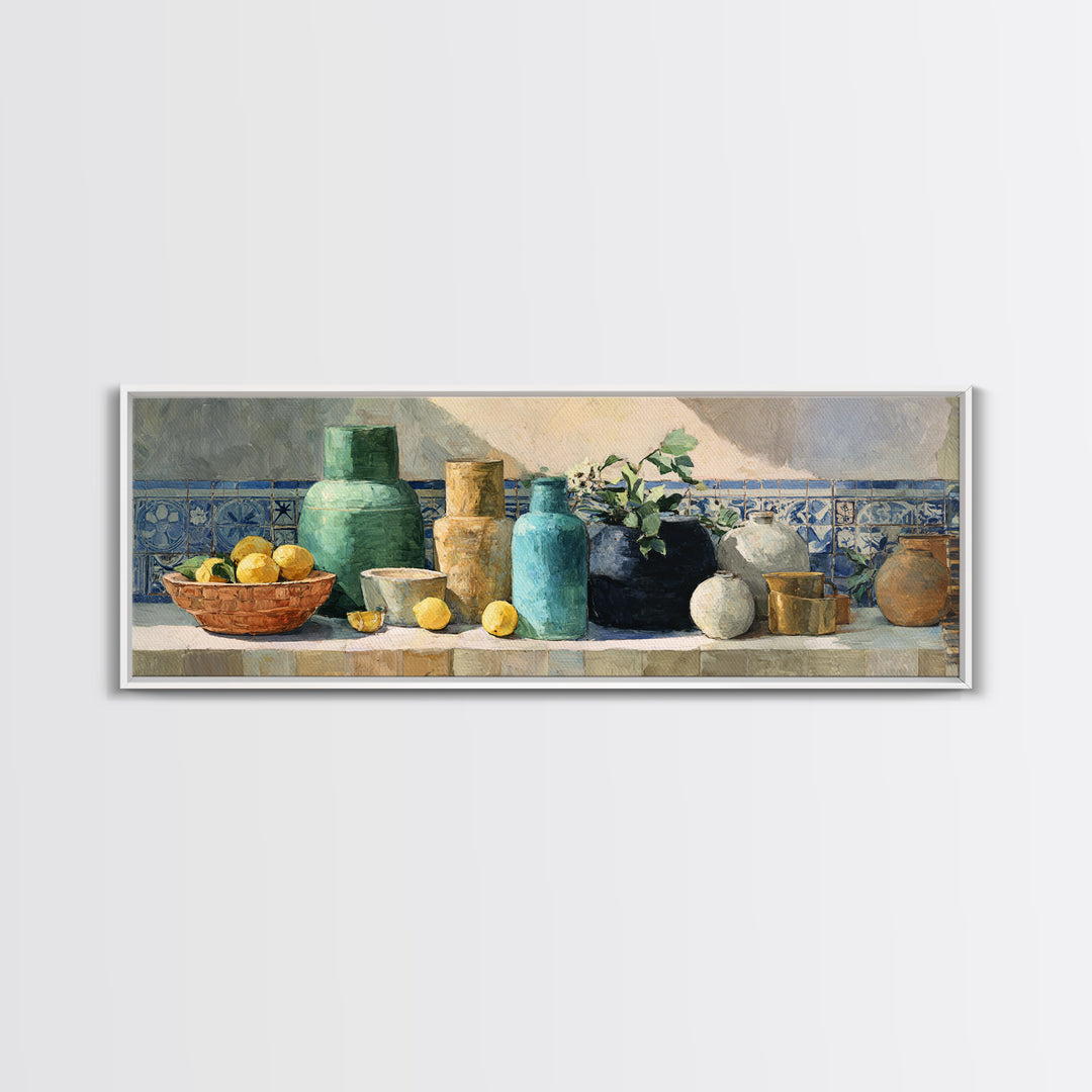 Warm Mediterranean Lemon Still Life Framed Canvas Print, Living Room Art, Apartment Decor, Living Room Decor, Fine Art, Living, LIR-3x1-82