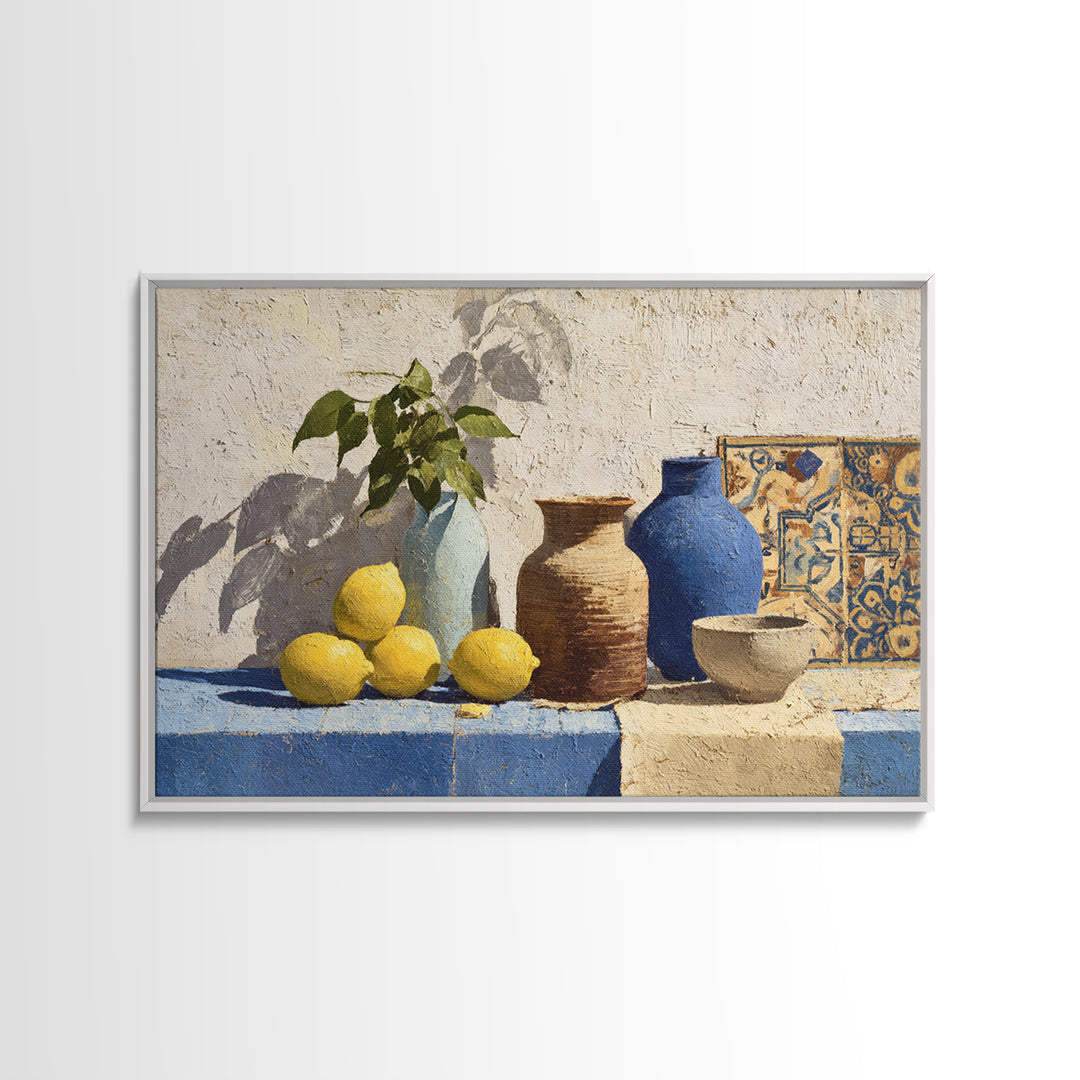 Warm Mediterranean Lemon Still Life Canvas Print, Living Room Art, Art Nouveau, Living Room Decor, Oil Painting, Living, LIR-3x2-22