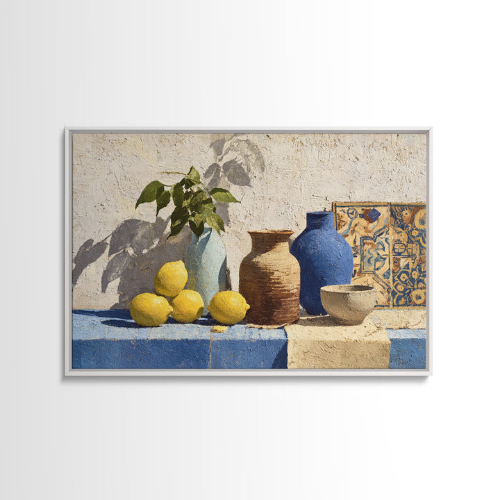 Warm Mediterranean Lemon Still Life Canvas Print, Living Room Art, Art Nouveau, Living Room Decor, Oil Painting, Living, LIR-3x2-22