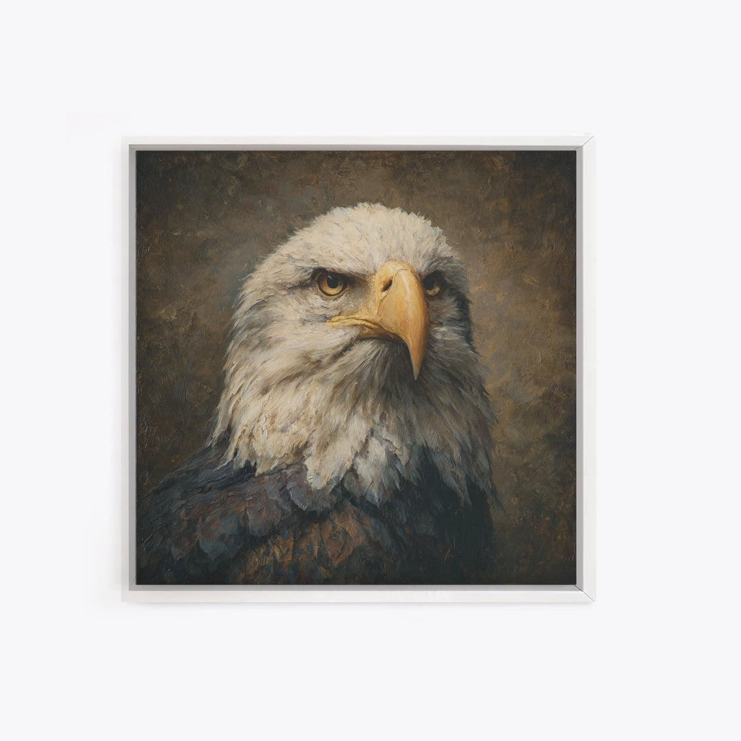 Eagle Portrait with Solemn Presence Framed Canvas Print, Law Office Art, Bookish Wall Art, Office Decor, Fine Art, Counsel, LOA-1x1-6