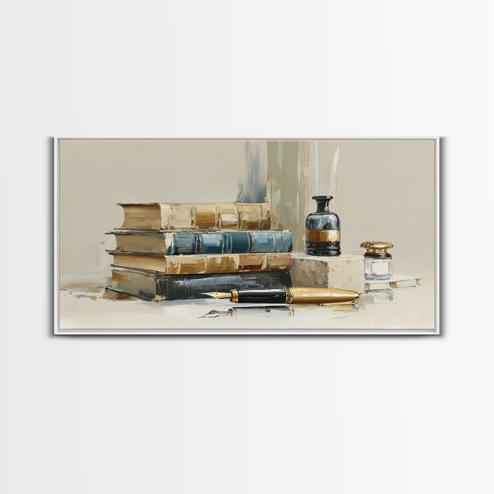 Dignified Law Books and Fountain Pen Still Canvas Print, Law Office Art, Minimalist Decor, Office Decor, Fine Art, Counsel, LOA-2x1-70