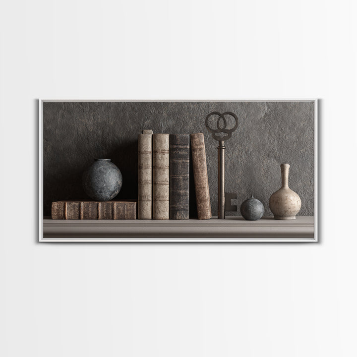 Antique Key and Leather Bound Books Arrangement Framed Canvas Print, Law Office Art, Poster Print, Office Decor, Counsel, LOA-2x1-99