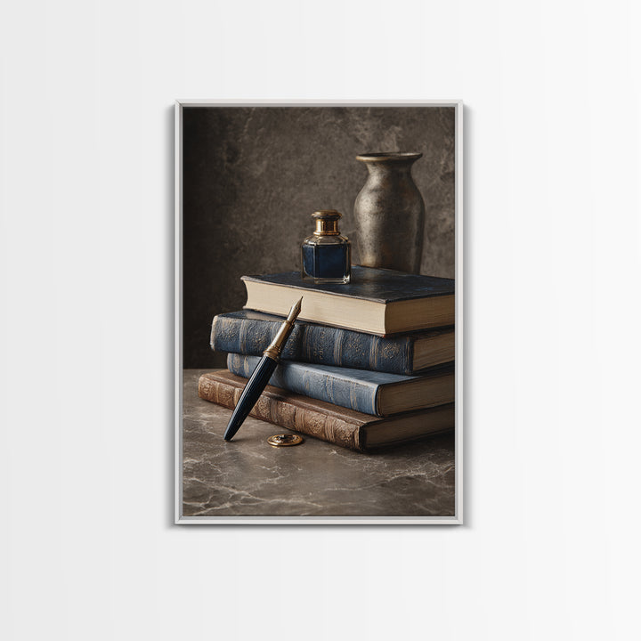 Dignified Law Books and Fountain Pen Still Framed Canvas Print, Law Office Art, Luxury Decor, Office Decor, Fine Art, Counsel, LOA-2x3-34