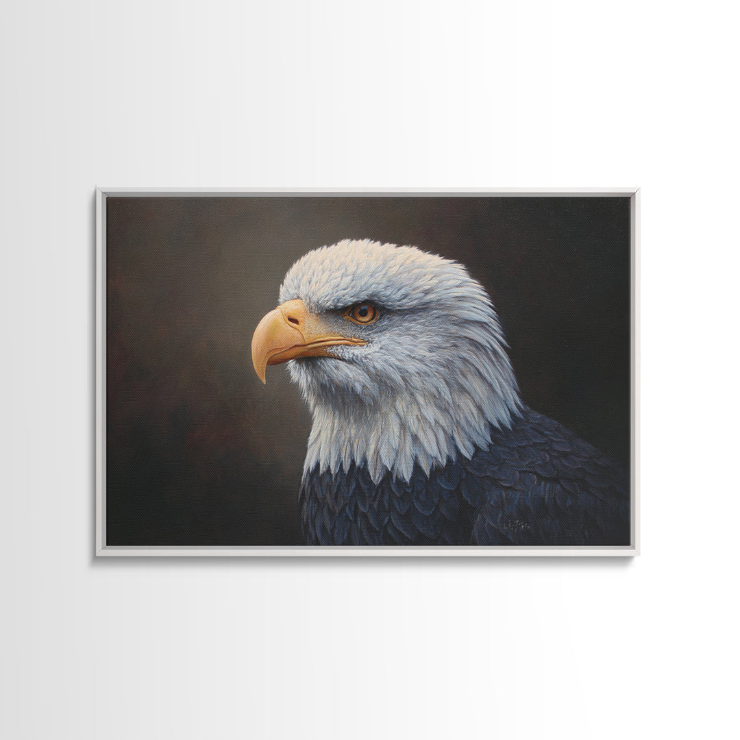 Eagle Portrait with Solemn Presence Framed Canvas Print, Law Office Art, Office Decor, Fine Art, Counsel, Therapy Office Decor, LOA-3x2-10