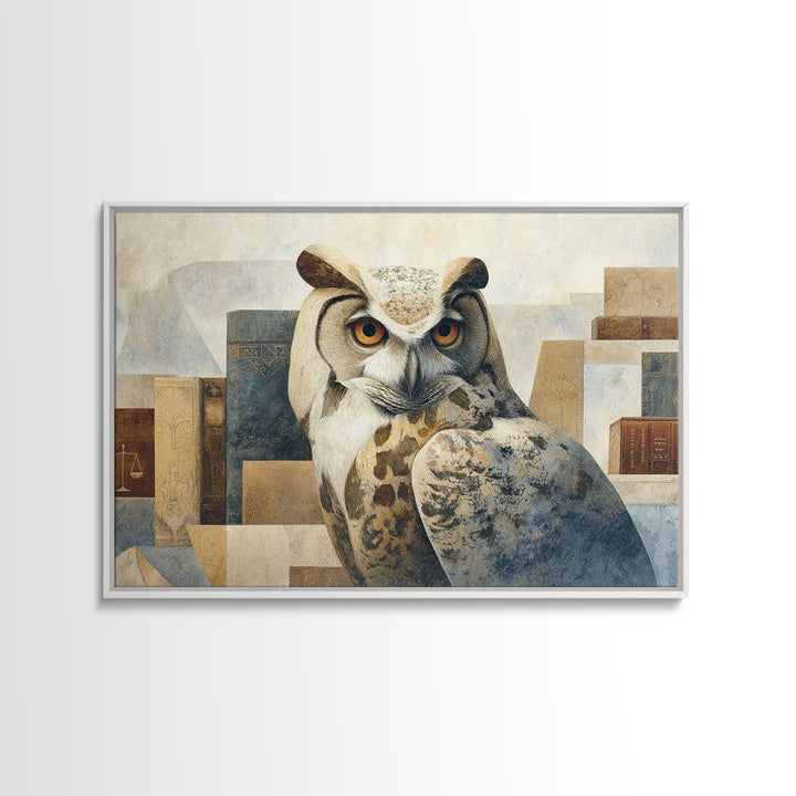 Owl Portrait Representing Wisdom Framed Canvas Print, Law Office Art, Bookish Wall Art, Office Decor, Fine Art, Counsel, LOA-3x2-45