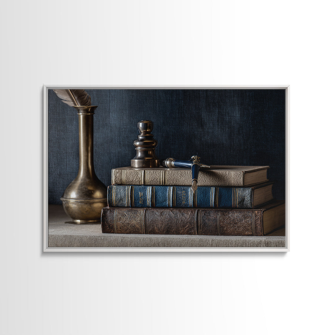 Dignified Law Books and Fountain Pen Still Framed Canvas Print, Law Office Art, Printable, Office Decor, Fine Art, Counsel, LOA-3x2-6