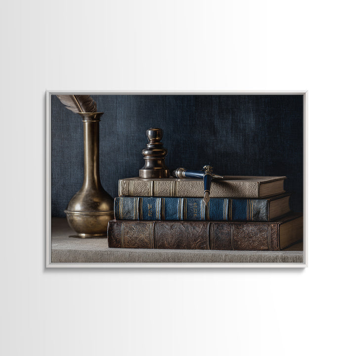 Dignified Law Books and Fountain Pen Still Framed Canvas Print, Law Office Art, Printable, Office Decor, Fine Art, Counsel, LOA-3x2-6