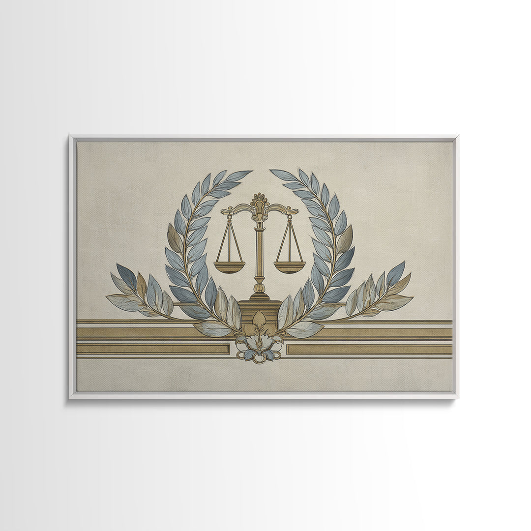 Minimal Line Drawing of Scales and Laurel Canvas Print, Law Office Art, Office, Office Decor, Abstract Art, Counsel, LOA-3x2-62