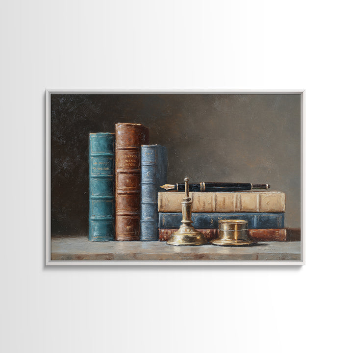 Dignified Law Books and Fountain Pen Still Framed Canvas Print, Law Office Art, Gifts for Lawyers, Office Decor, Counsel, LOA-3x2-78