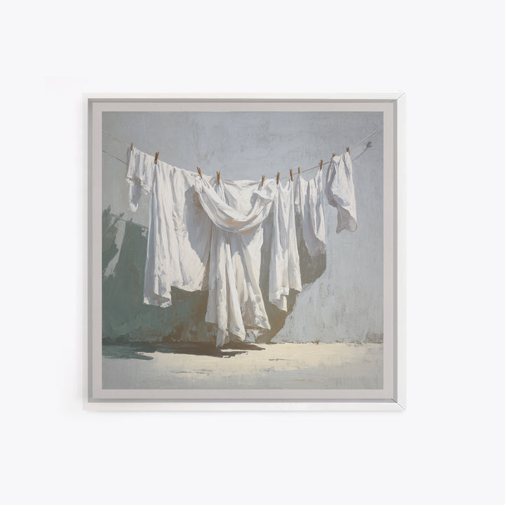 Clothesline with White Linens Blowing in Sunshine Canvas Print, Laundry Room Art, Rustic Home Decor, Living Room Decor, Clean, LRA-1x1-1