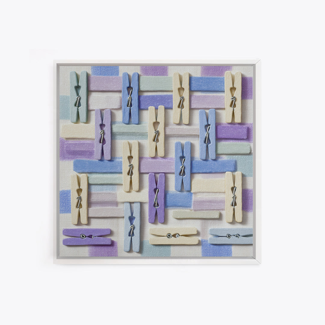 Cheerful Clothespins Arranged as Pattern Framed Canvas Print, Laundry Room Art, Funny Poster, Living Room Decor, Watercolor Art, LRA-1x1-100