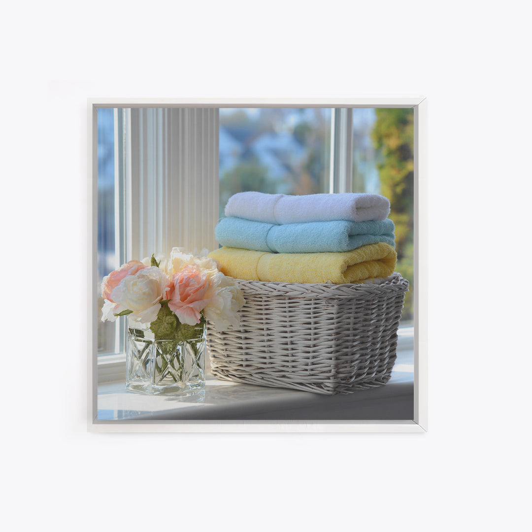 Basket of Folded Towels Canvas Print, Laundry Room Art, Farmhouse Wall Art, Living Room Decor, Fine Art, Clean, Fine Art Print, LRA-1x1-14