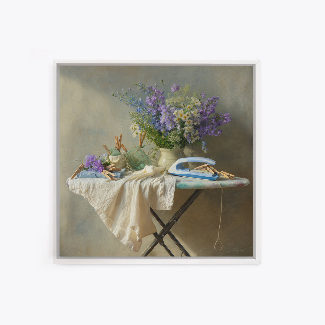 Ironing Board Still Life Framed Canvas Print, Laundry Room Art, Downloadable Art, Living Room Decor, Watercolor Art, Clean, LRA-1x1-24