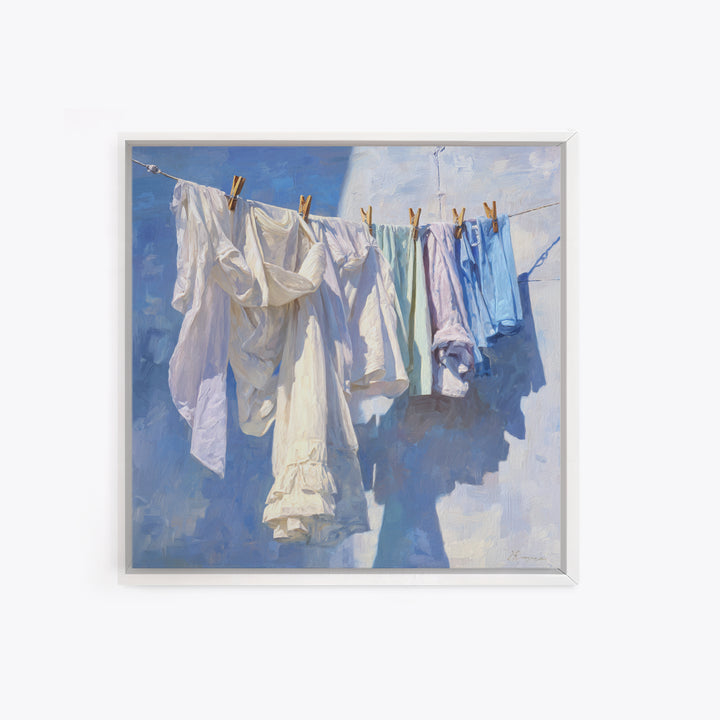 Clothesline with White Linens Blowing in Sunshine Canvas Print, Laundry Room Art, Modern Decor, Living Room Decor, Abstract Art, LRA-1x1-25