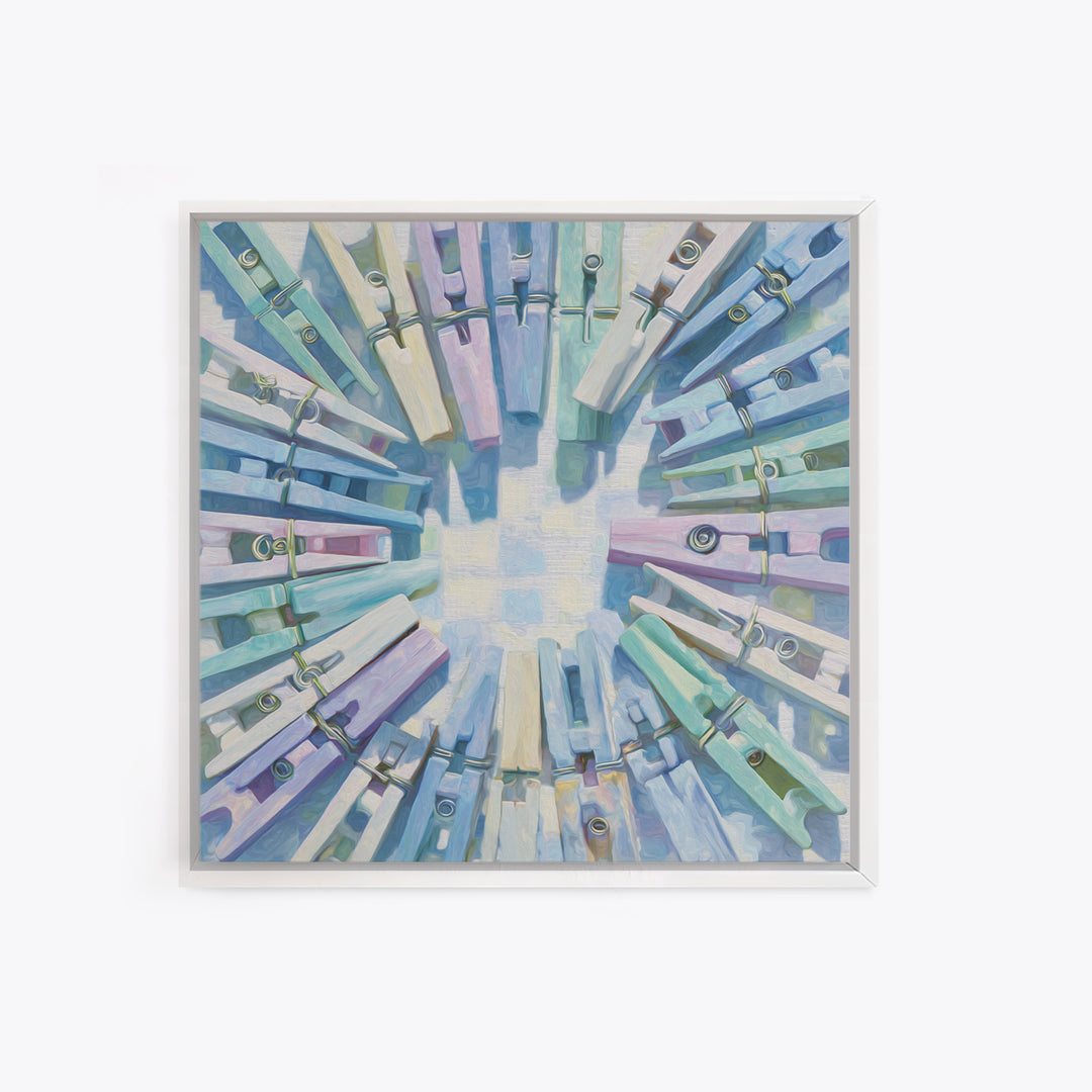 Cheerful Clothespins Arranged as Pattern Framed Canvas Print, Laundry Room Art, Artwork, Living Room Decor, Oil Painting, Clean, LRA-1x1-28