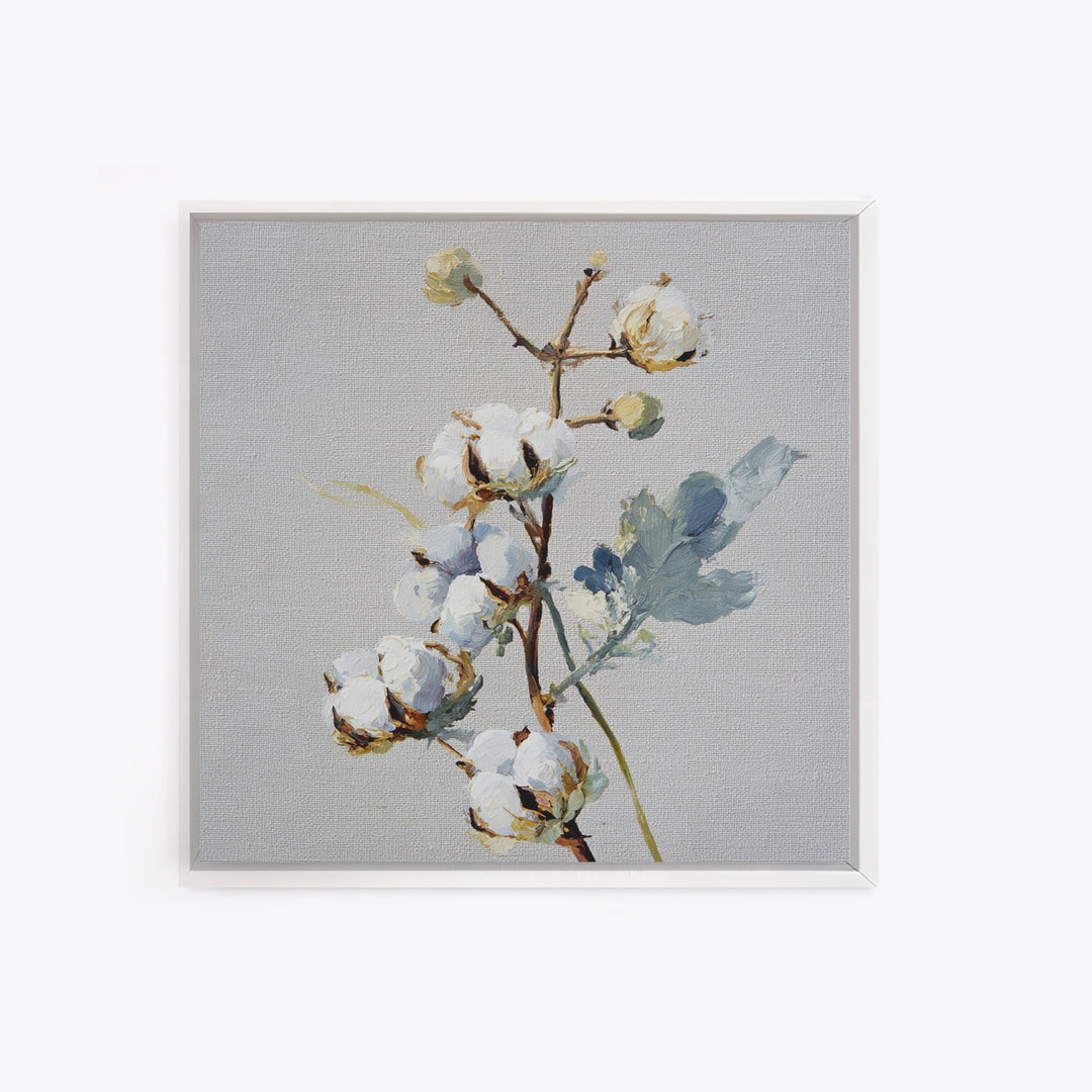 Fresh Cotton Branch Botanical Study Canvas Print, Laundry Room Art, Retro Wall Art, Living Room Decor, Watercolor Art, Clean, LRA-1x1-31